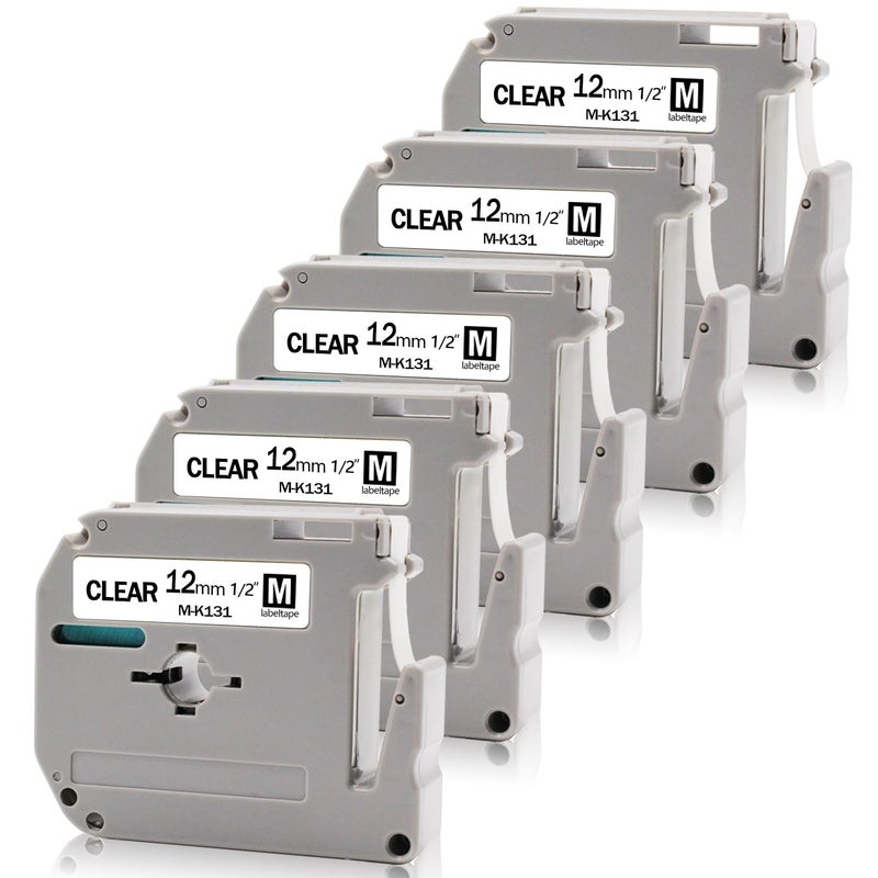 Absonic 5-Pack MK131 12mm 0.47" Clear Label Tape Compatible for Brother Mk-131 M-K131 M131 M-131 P Touch M Label Tape 12mm Black on Clear 1/2" for PT-M95 PT-70BM PT-90 PT-80 PT-65 PT-70SR PT-85 - Image 1